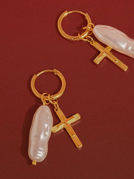 Breline Cross & Pearl Drop Earrings