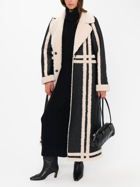 Swiss Alps Coat in Black Faux Leather & Sherpa