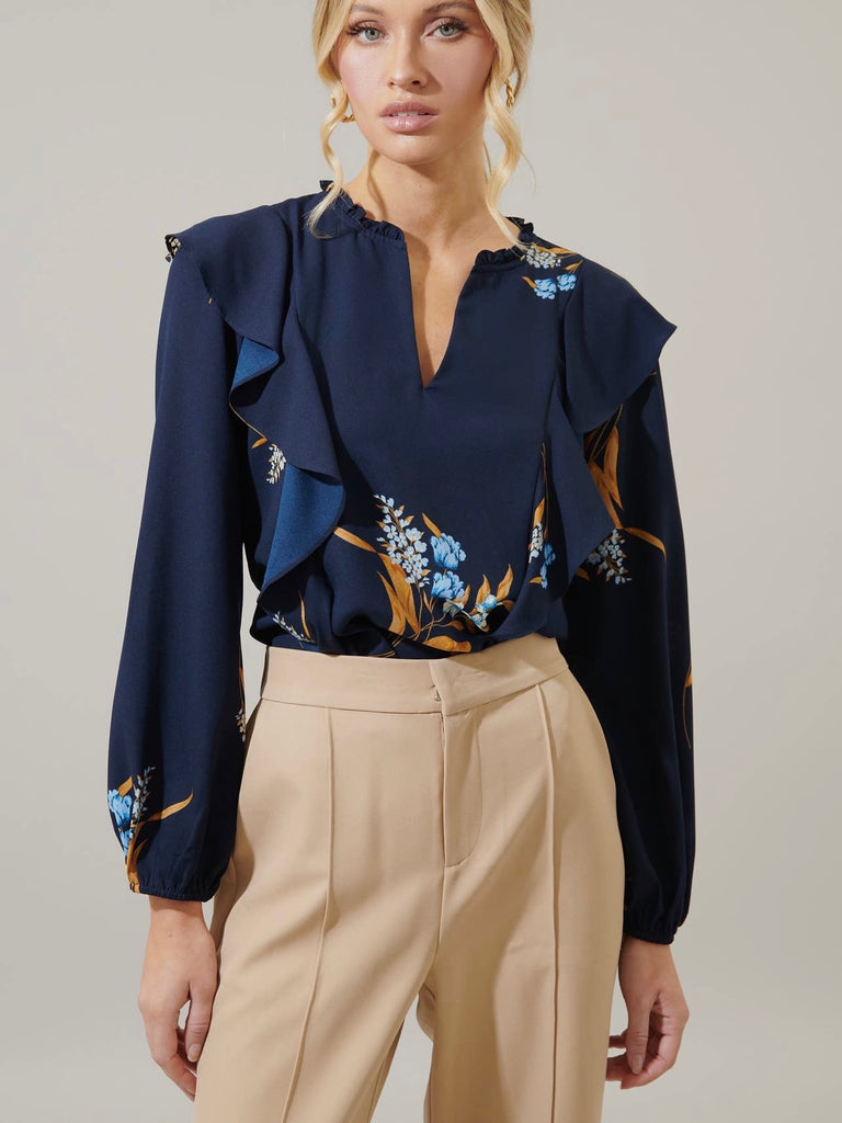 Dance At Dusk Ruffle Blouse in Navy