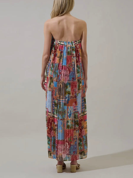 Melani Pleated Maxi Dress in Tropical Blues