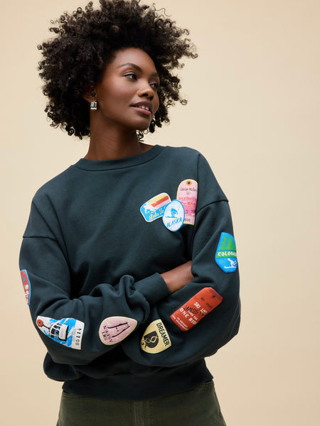 Ski Patch & Pass Collector Oversized Crew Sweatshirt in Washed Black