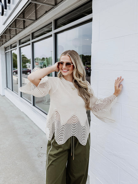 Wave Detail Knit Top in Beige