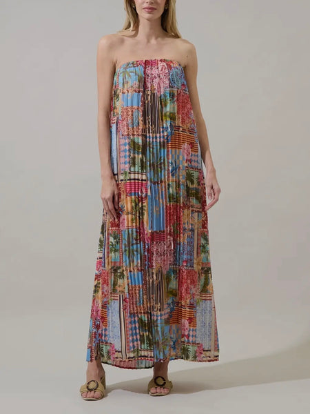 Melani Pleated Maxi Dress in Tropical Blues