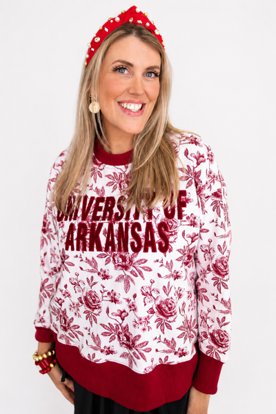 Arkansas Floral Toile Sweatshirt in White & Red