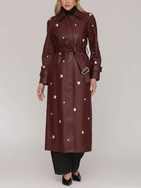 Studded Faux-Ever Leather Trench Coat in Mulberry