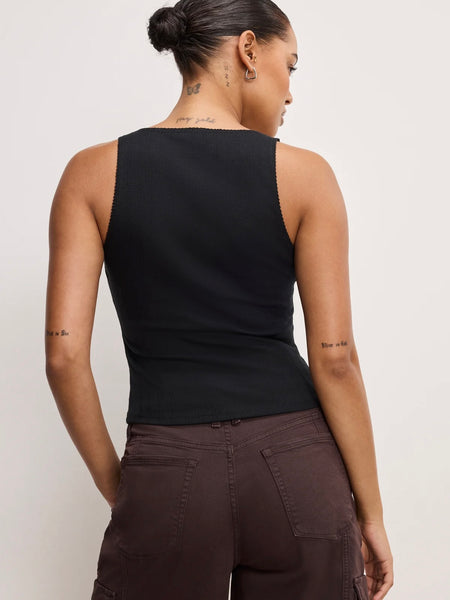 Pointelle Henley Tank Top in Black