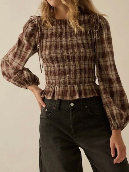 Flannel By The Fire Top in Brown