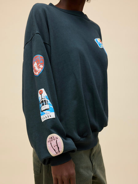 Ski Patch & Pass Collector Oversized Crew Sweatshirt in Washed Black