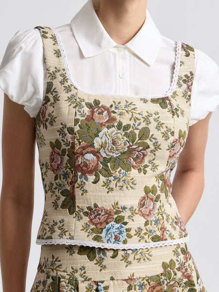 Floral Brocade Lace Trim Top in Taupe
