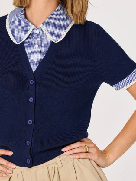 Marlee Mixed Media Cardigan in Navy Plaid