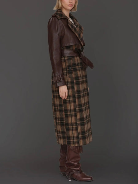 Plaid Mixed Media Faux Leather Trench in Multi