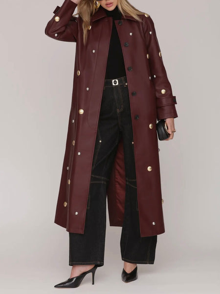 Studded Faux-Ever Leather Trench Coat in Mulberry