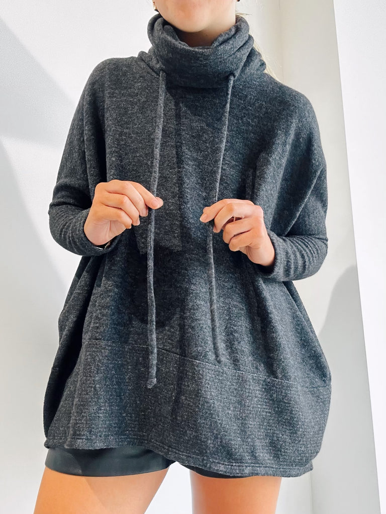 Cherishing The Girl Drawstring Sweater in Charcoal
