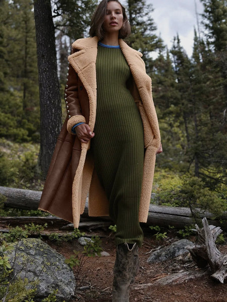 Studded Faux Shearling Coat in Brandy