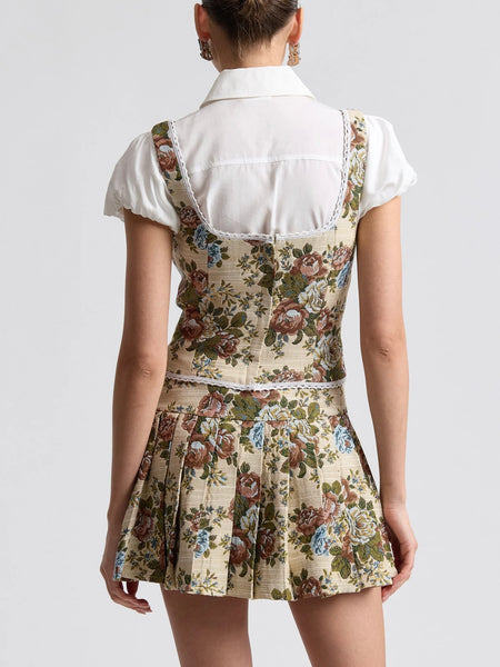 Floral Brocade Lace Trim Top in Taupe
