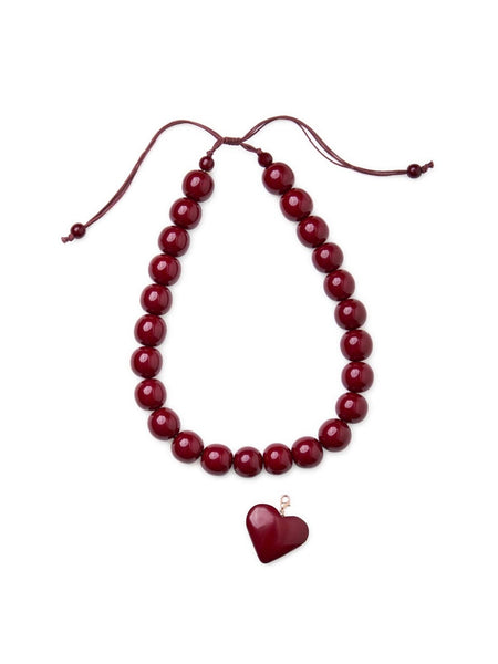 Emery Heart & Resin Bead Adjustable Necklace in Burgundy