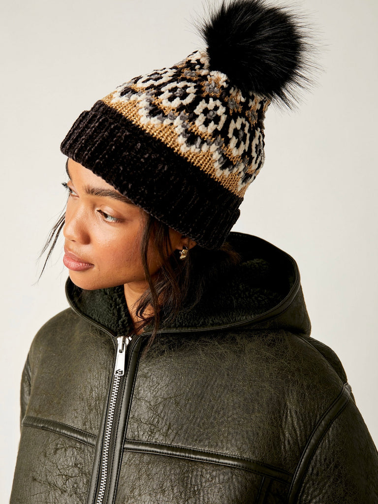 Chalet Fairisle Pom Beanie in Black Combo