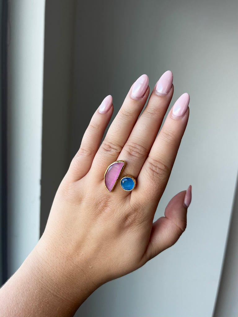Crescent Moon Ring in Pink & Blue