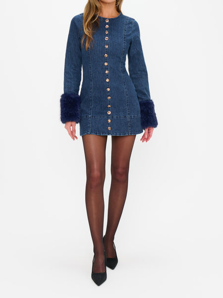 Rockefeller Mini Dress in Subzero Indigo Faux Fur