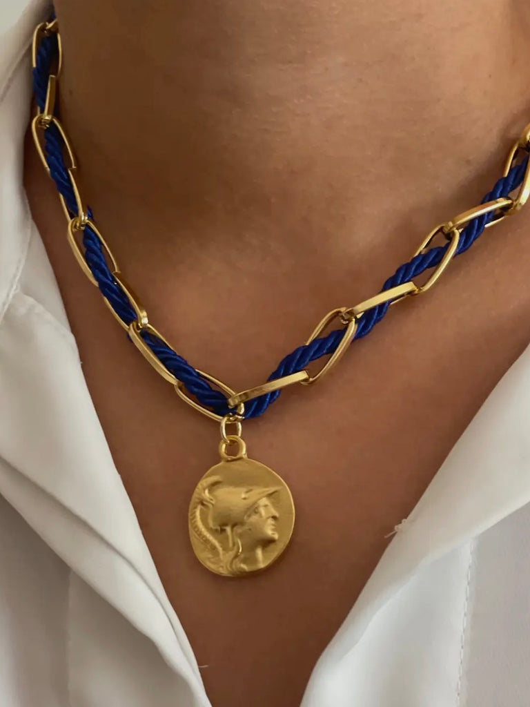 Athena Rope & Chain Coin Necklace in Blue
