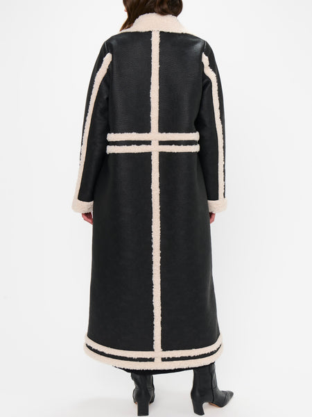Swiss Alps Coat in Black Faux Leather & Sherpa
