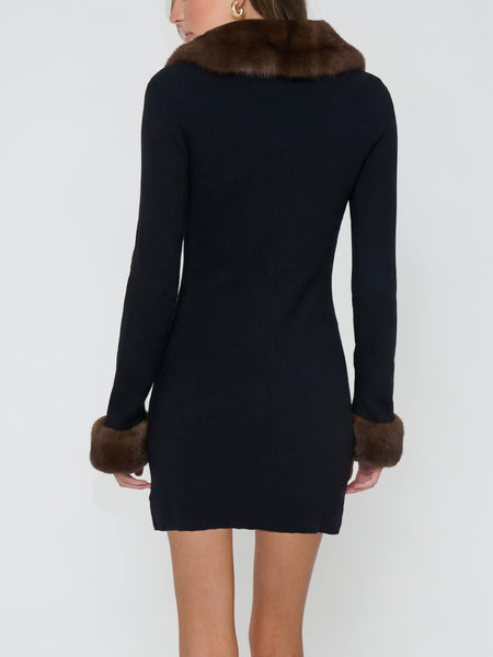 Christie Mini Dress in Black Knit Faux Fur