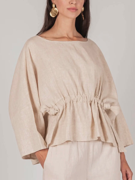 Ula Linen Waist Tie Top in Natural