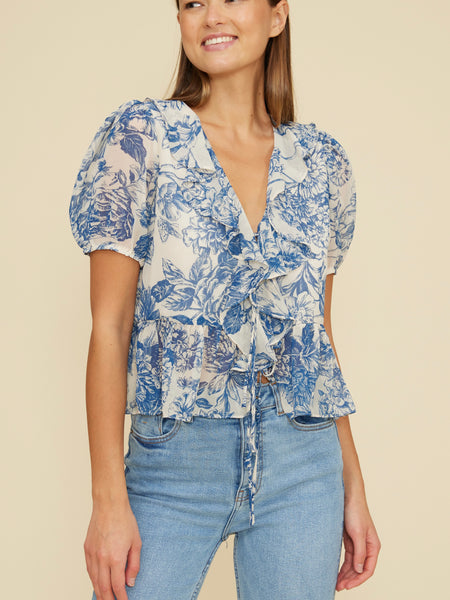 Bee Ruffle Top in Blue Floral