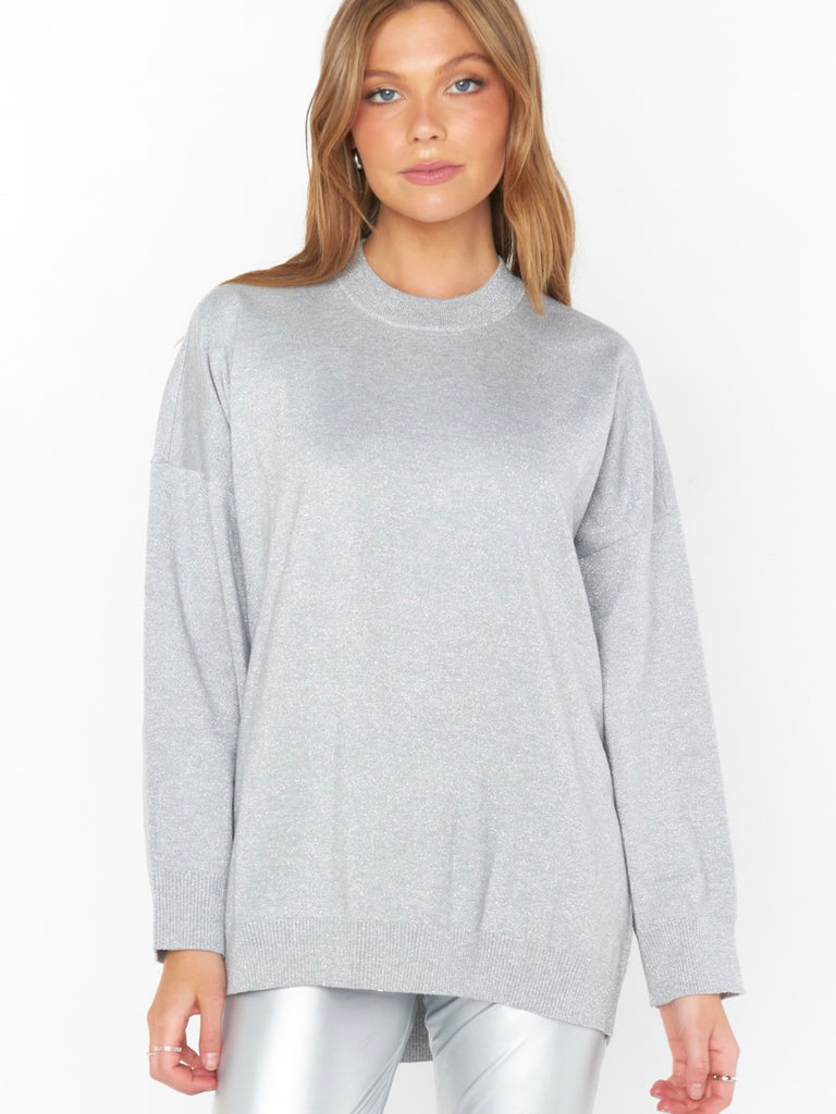 Classic Crewneck Sweater in Silver Metallic Knit