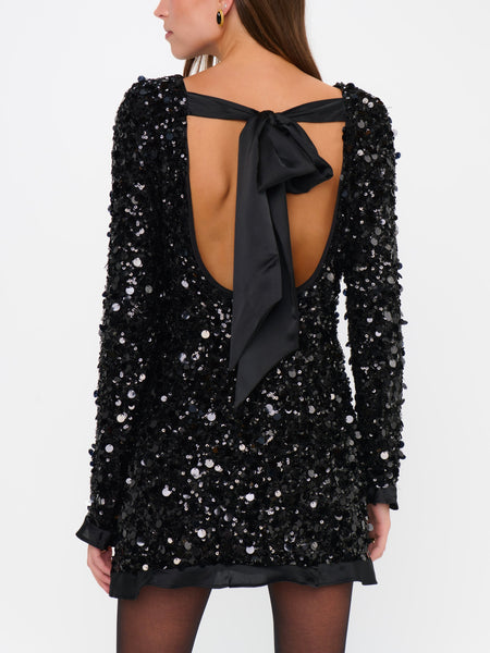 Maddison Ruffle Dress in Black Metallic Sequins