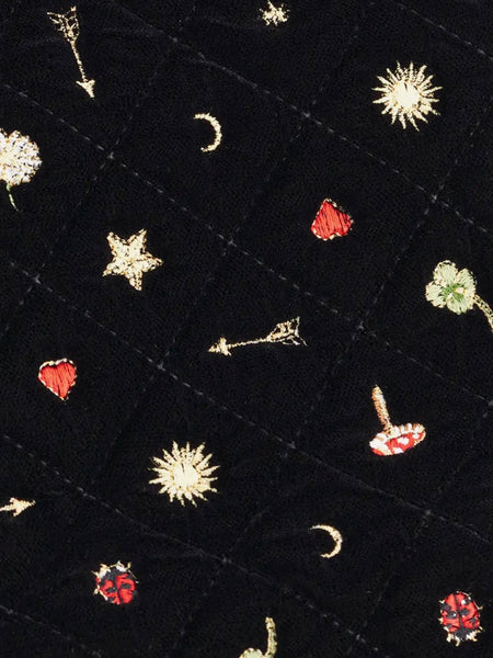 Black Quilted Motif Velvet Embroidered Jewelry Roll