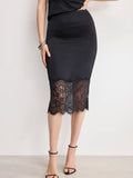 Satin Lace Slip Midi Skirt in Black