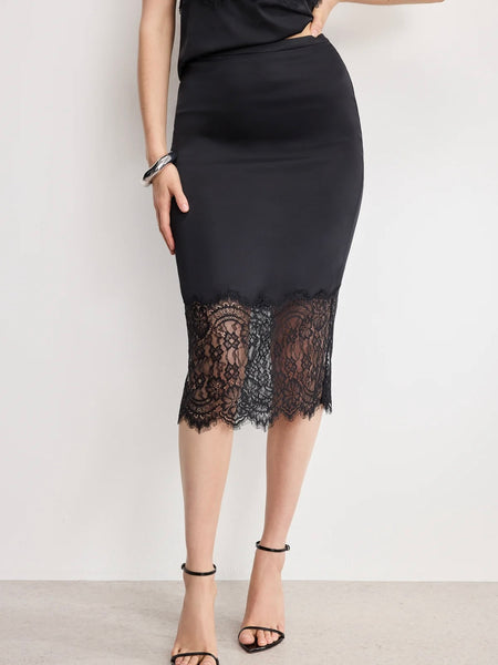 Satin Lace Slip Midi Skirt in Black