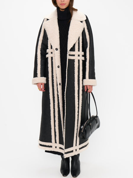 Swiss Alps Coat in Black Faux Leather & Sherpa