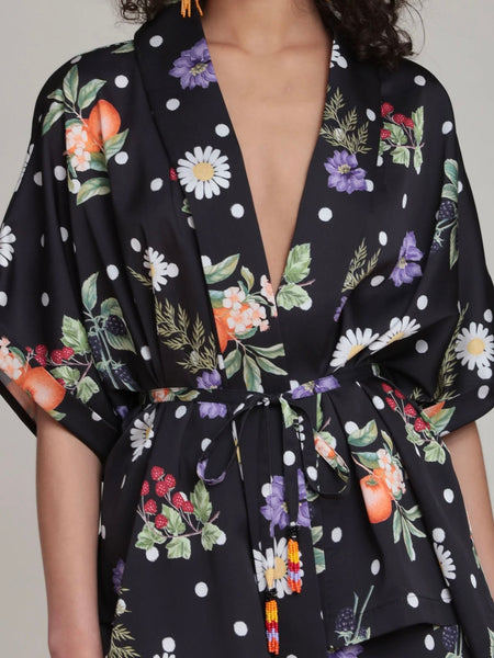Floral Polka Dot Satin Kimono Top in Black