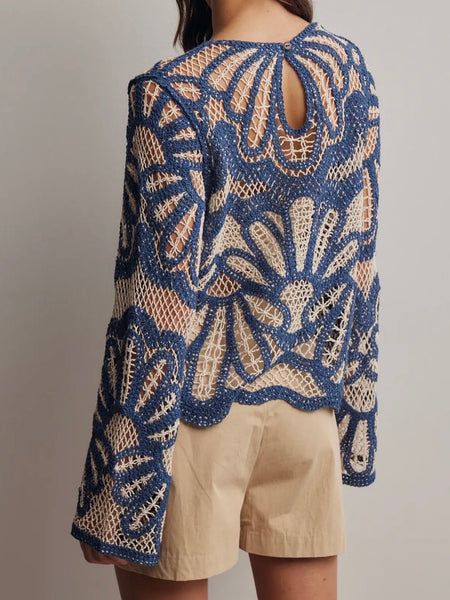 Floral Crochet Sweater in Blue