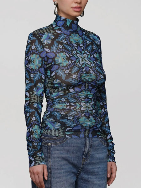 Printed Mesh Mock Neck Top in Dark Alpine