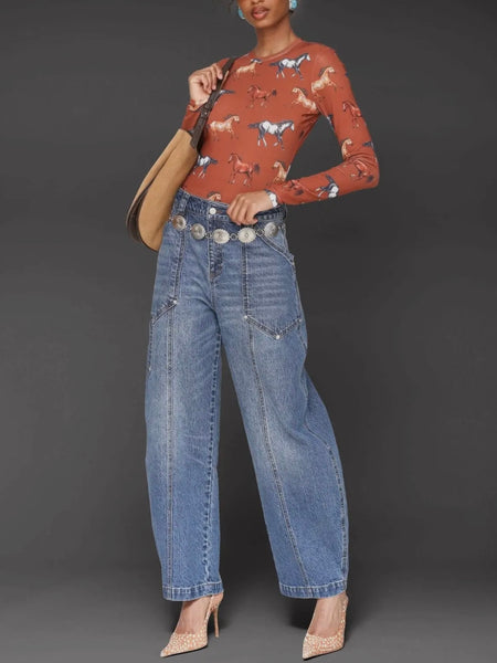 Equine Printed Mesh Long Sleeve Top in Stampede