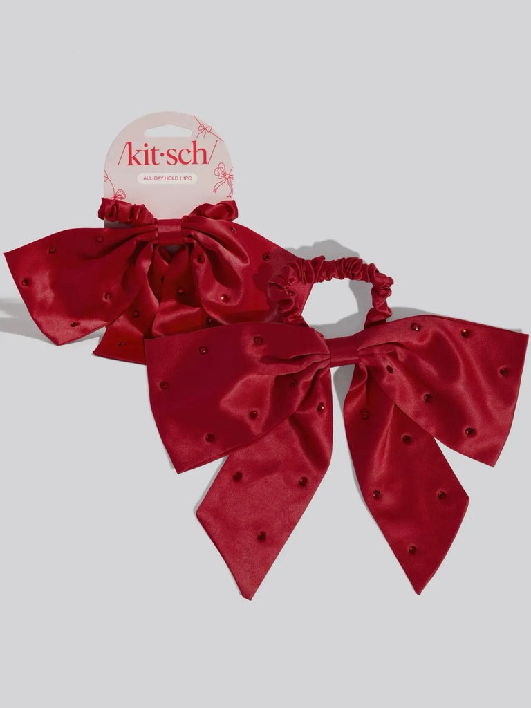 Holiday Satin & Rhinestone Bow Scrunchie