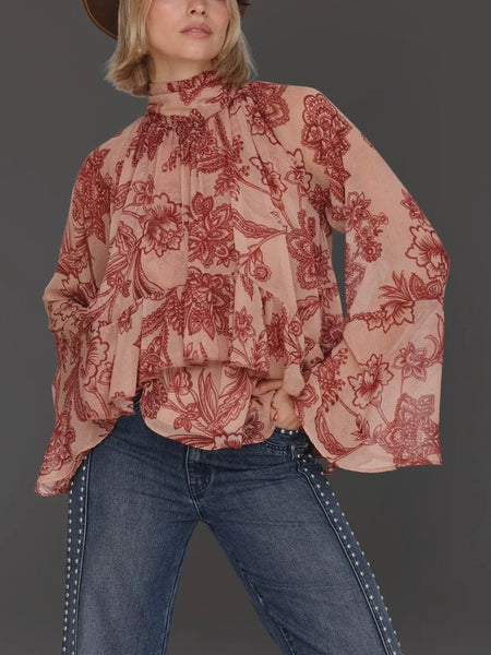 Tapestry Print Chiffon Ruffle Blouse in Batik Tapestry