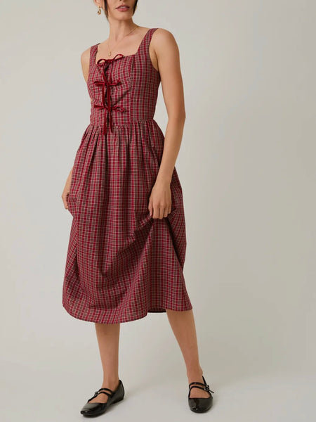Tied Together Maxi Dress in Berry Plaid