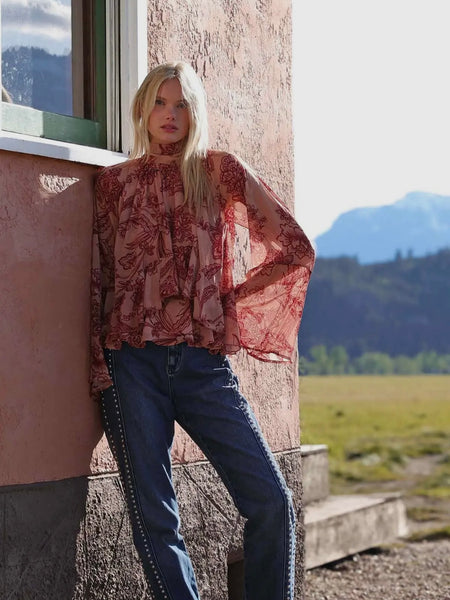 Tapestry Print Chiffon Ruffle Blouse in Batik Tapestry