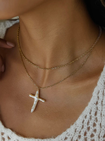 Aurise Pearl Cross Necklace
