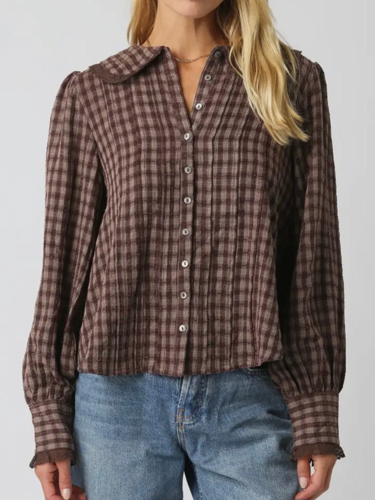 We're All Plaid Here Blouse in Brown