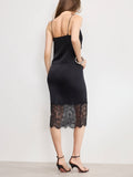 Satin Lace Slip Midi Skirt in Black