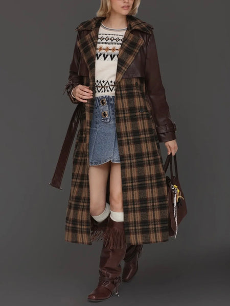 Plaid Mixed Media Faux Leather Trench in Multi