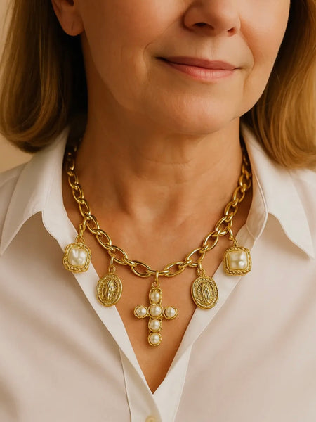 Catholic Pearl Cross & Medals Necklace
