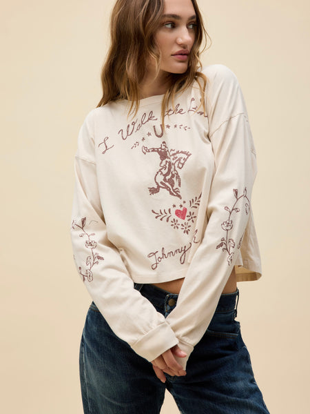 Johnny Cash Walk The Line Meet & Greet Long Sleeve in Dirty White