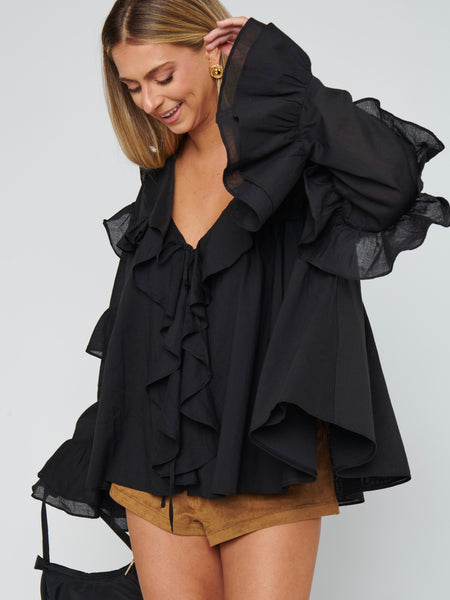 Joss Ruffle Top in Black Voile