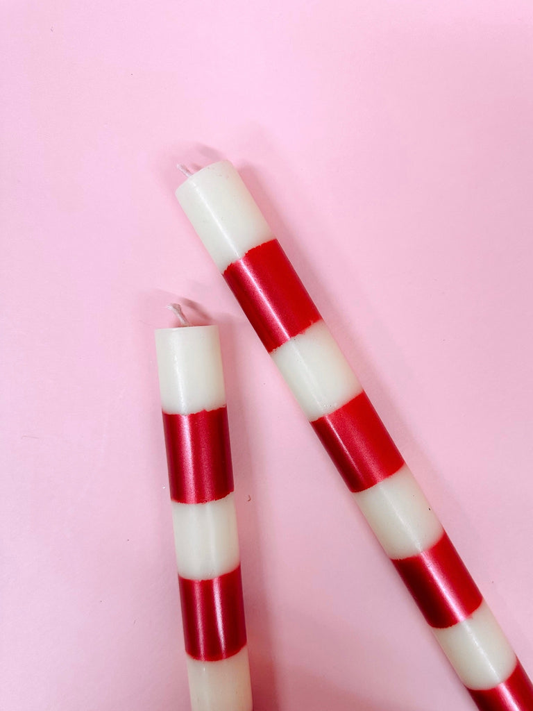 Striped Taper Candle Set of 2 in Red/White